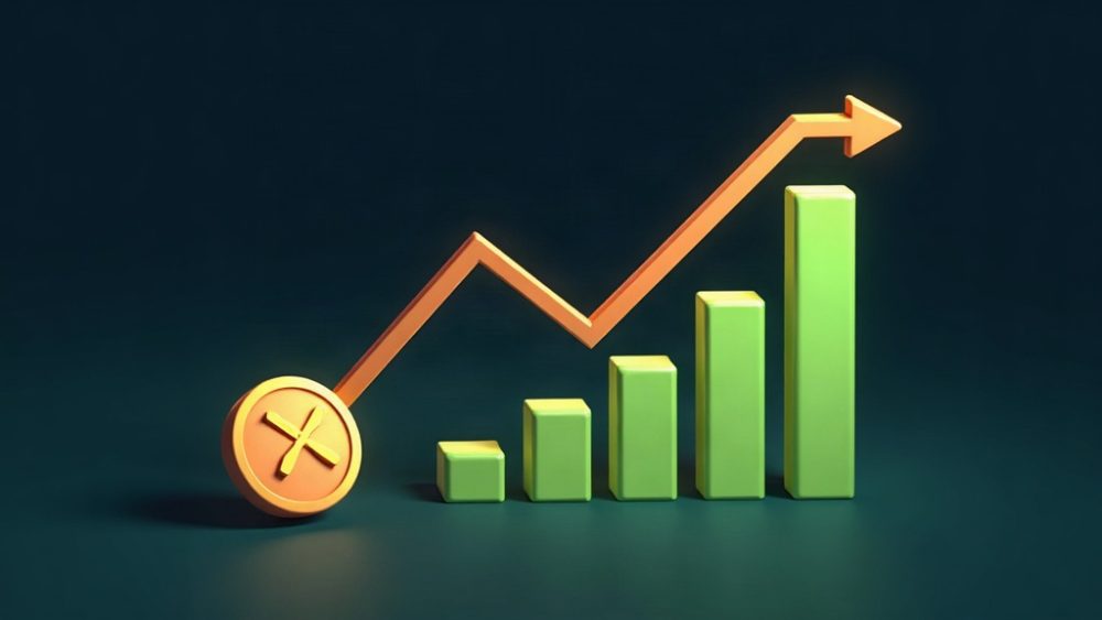 Gráfico de barras ascendente con flecha hacia arriba representando entradas de capital en ETFs de XRP