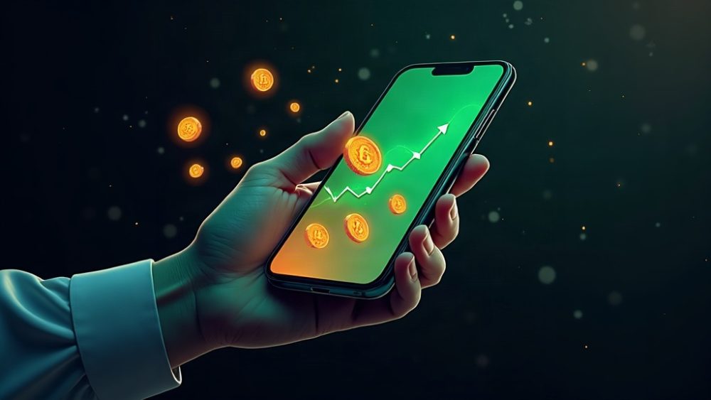 Teléfono con gráfico de predicción y monedas meme cayendo alrededor