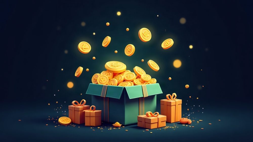 Tokens LIT cayendo de una caja de regalo hacia una billetera cripto sobre fondo blockchain