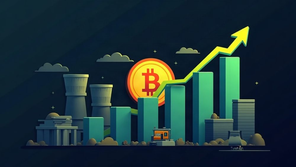 Gráfico ascendente con símbolo Bitcoin y torres de minería representando inversión institucional