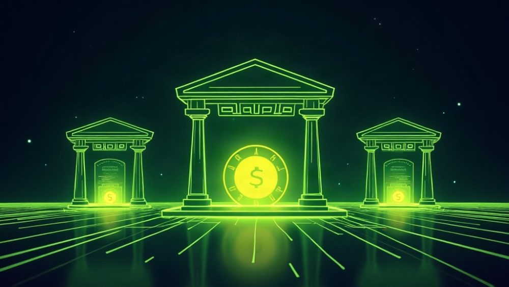Edificios bancarios conectados digitalmente con una moneda stablecoin en el centro