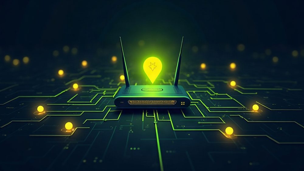 Router conectado a red de nodos con tokens Aether cayendo hacia billetera