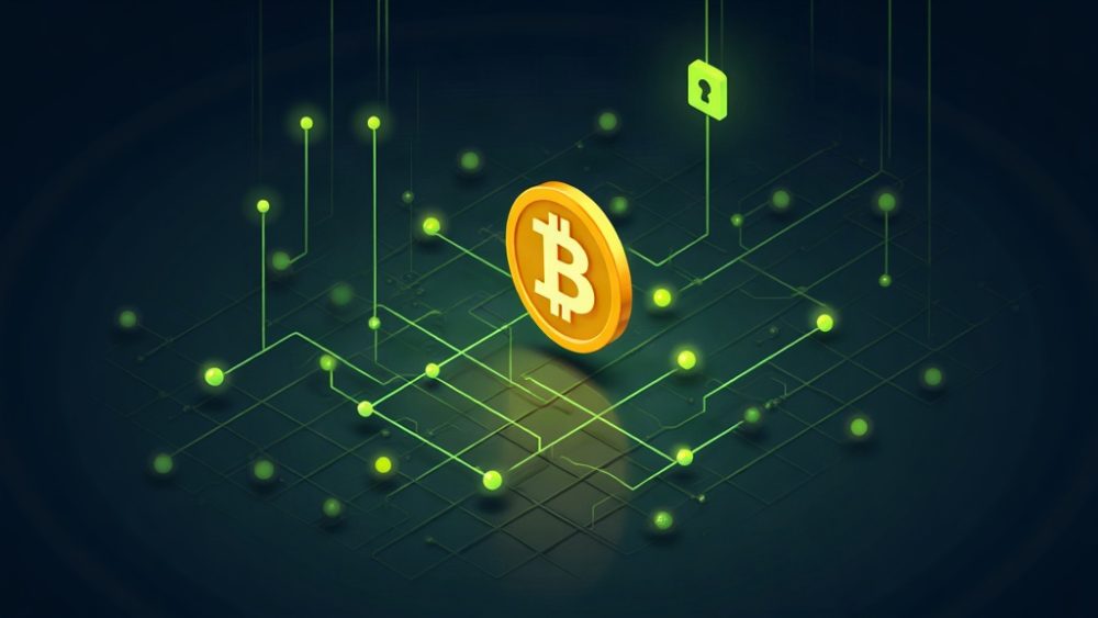 Candado roto junto a símbolo de bitcoin y red de nodos desconectados