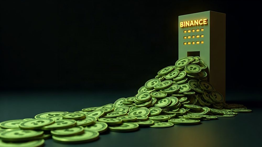 Monedas XRP saliendo de edificio Binance hacia wallets individuales