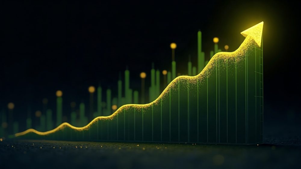 Gráfico de Bitcoin superando $80,000 con flecha ascendente y barras de volumen