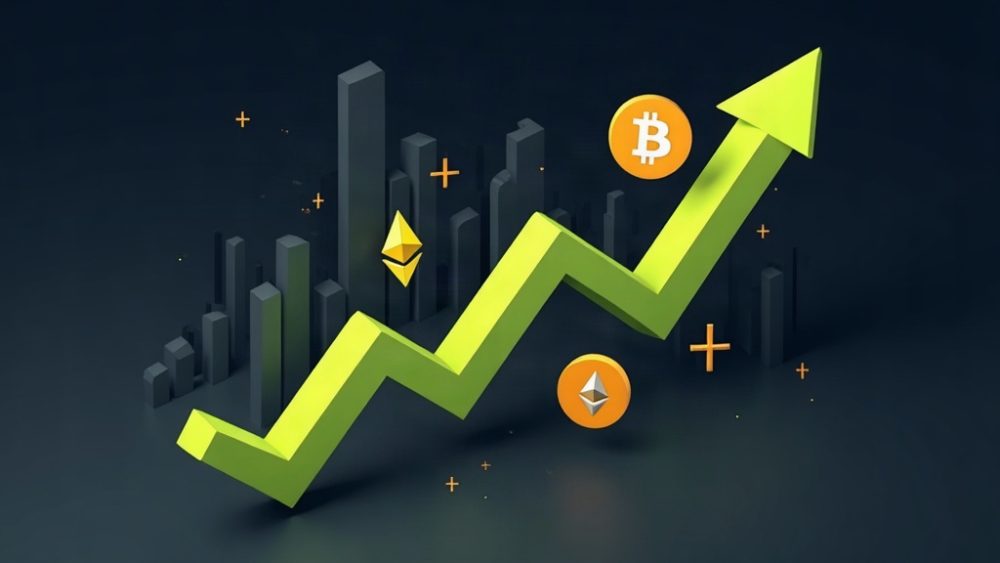 Flecha ascendente junto a símbolos de Bitcoin y Ethereum con gráfico de barras de volumen