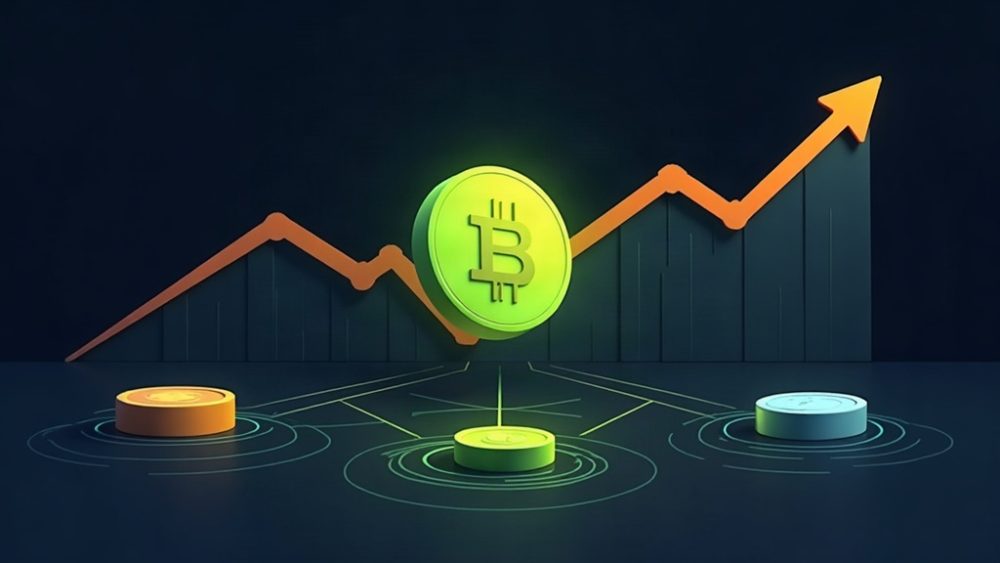 Token de acción digital sobre tres blockchains interconectadas con gráfico de volumen