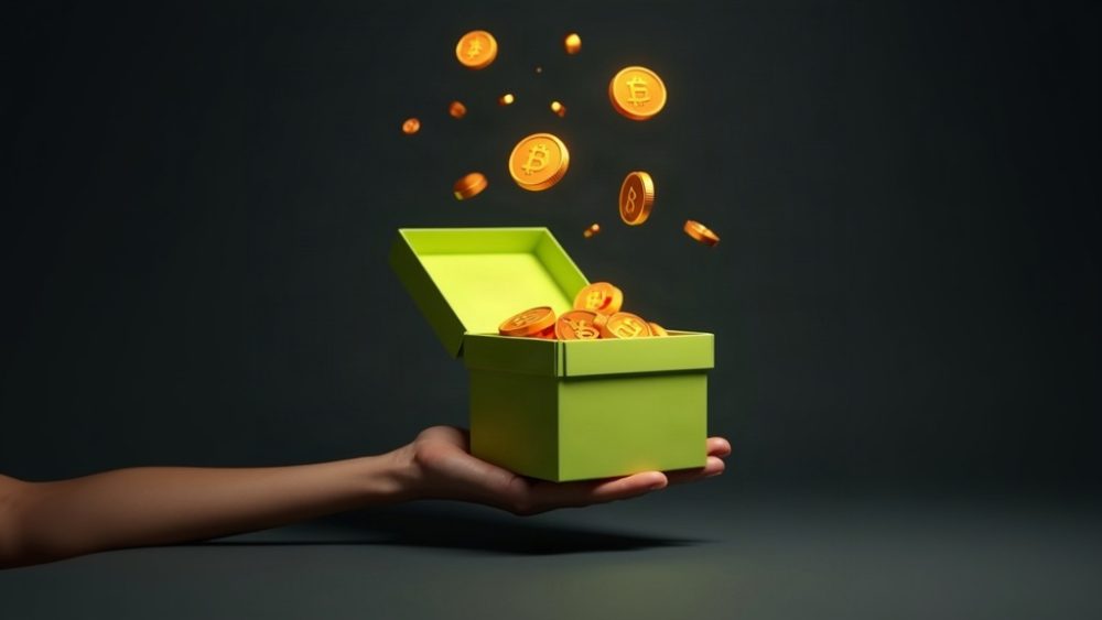 Caja de regalo abierta con tokens digitales flotando hacia una mano