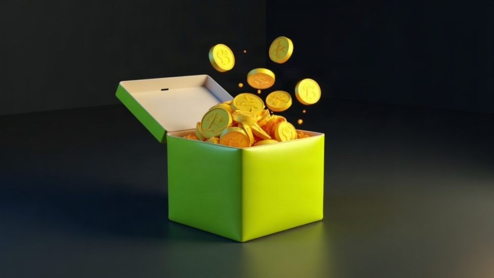 Caja de regalo abierta con tokens digitales flotando y símbolo de laptop