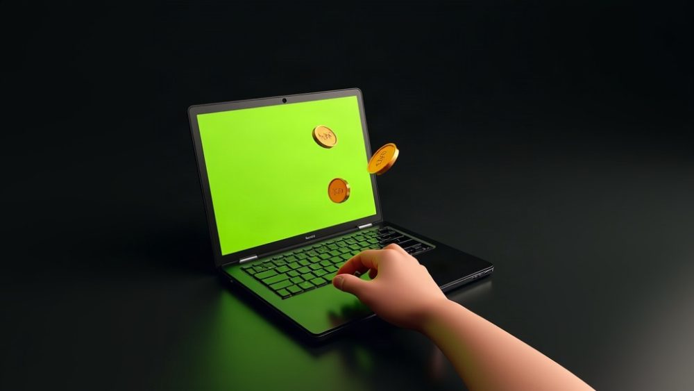 Laptop abierta con tokens cayendo hacia una mano