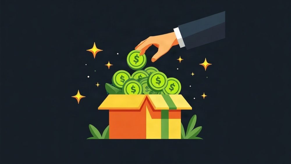 Caja de regalo abierta con tokens cayendo hacia mano extendida