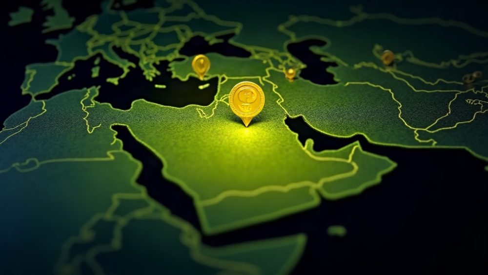 Mapa de Oriente Medio con iconos de criptomonedas y flechas de crecimiento sobre Arabia Saudita y EAU