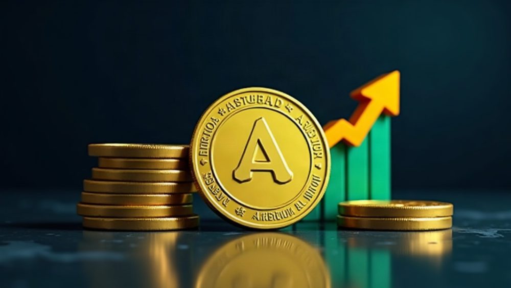 Moneda Arbitrum con flecha ascendente y gráfico de volumen creciente