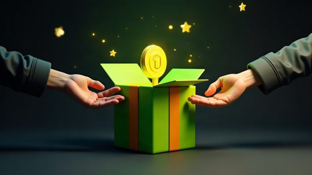 Caja de regalo abierta con tokens cayendo hacia manos extendidas y servidores en segundo plano