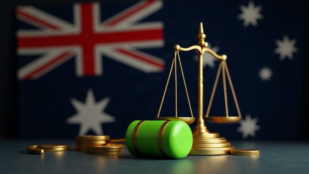 Balanza de justicia y candado cerrado con bandera australiana de fondo