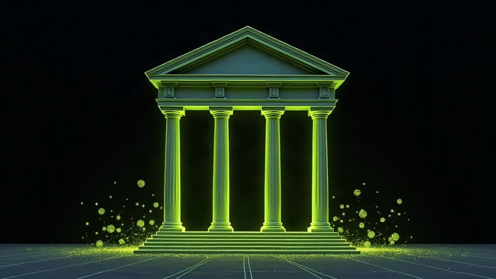 Edificio bancario clásico fusionado con red blockchain de nodos conectados