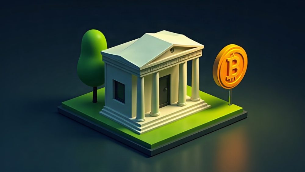 Edificio bancario tradicional conectado con símbolo de Bitcoin mediante flecha