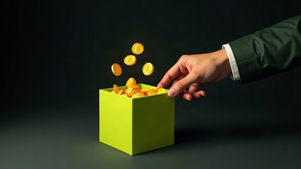 Caja de regalo abierta con tokens cayendo en una mano