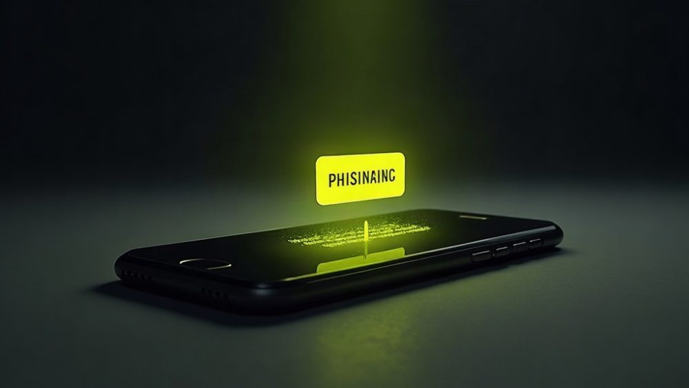 Smartphone con mensaje de texto y anzuelo de phishing saliendo de la pantalla junto a candado roto