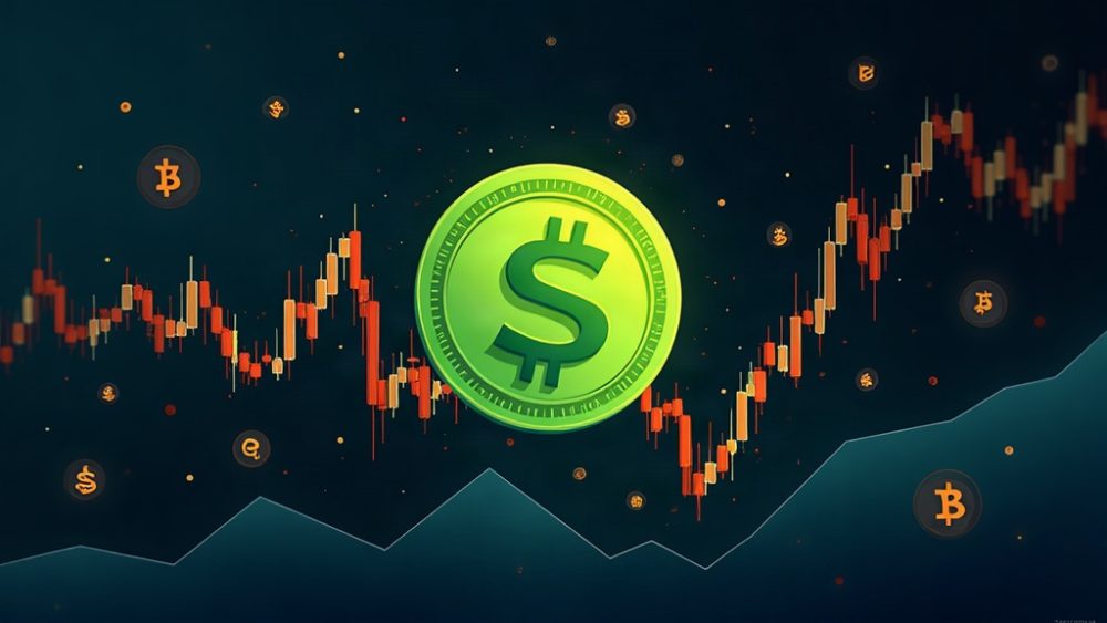 Dos tokens cayendo hacia interfaz de exchange con gráficos
