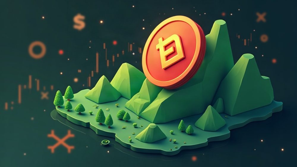 Moneda con forma de planeta rojo sobre gráfico alcista y logo de Binance
