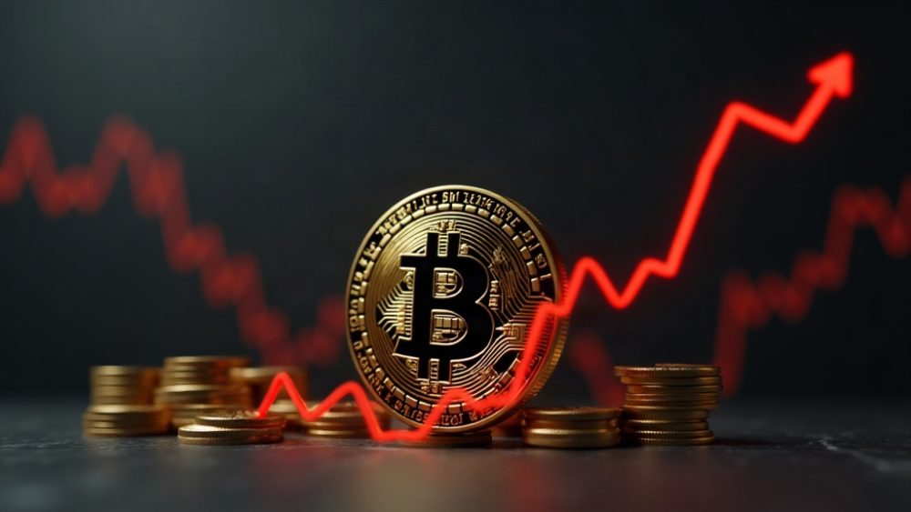 Gráfico de velas de Bitcoin descendiendo bajo línea de precio con banco central de fondo