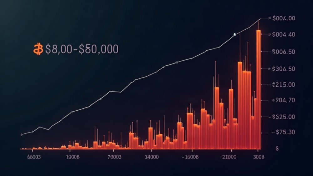 Gráfico de velas de Bitcoin con flecha descendente bajo $80.000 y barras de volumen