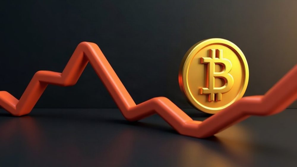 Moneda Bitcoin cayendo bajo la marca de $80,000 en gráfico de velas descendente