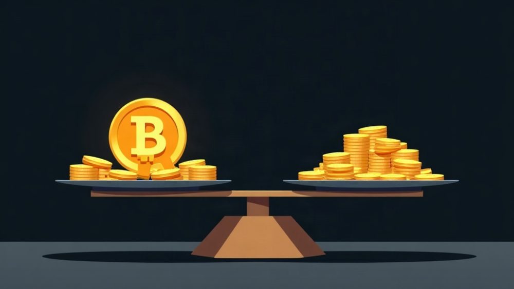 Balanza con Bitcoin en un lado y lingotes de oro en el otro