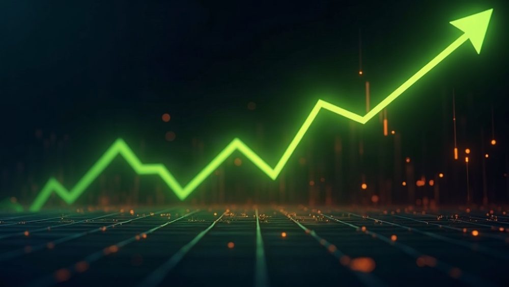 Gráfico de Bitcoin con flecha ascendente y barras rojas de liquidaciones