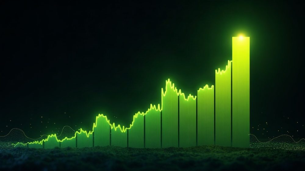 Gráfico de velas de Bitcoin con flecha verde ascendente cruzando $80,000 y símbolo del yen