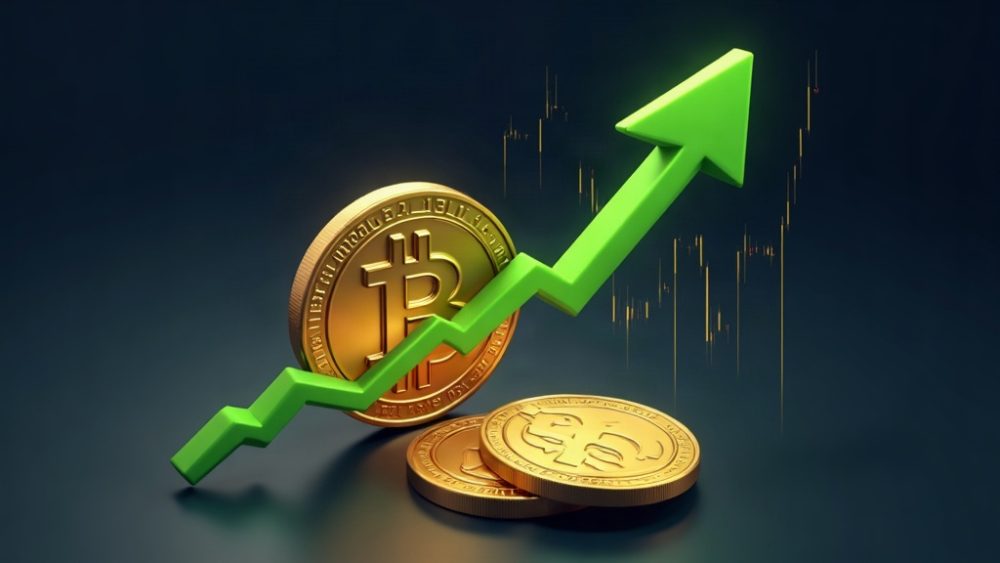 Moneda Bitcoin con flecha ascendente y gráfico de velas alcistas