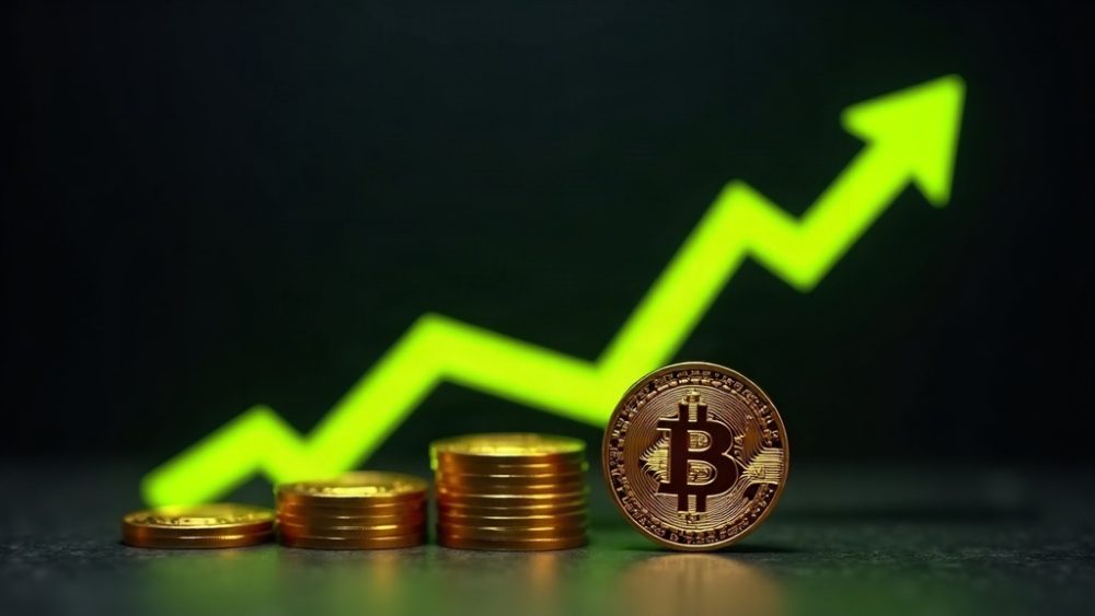 Gráfico de velas de Bitcoin ascendente con flecha atravesando $81,000 y monedas cayendo