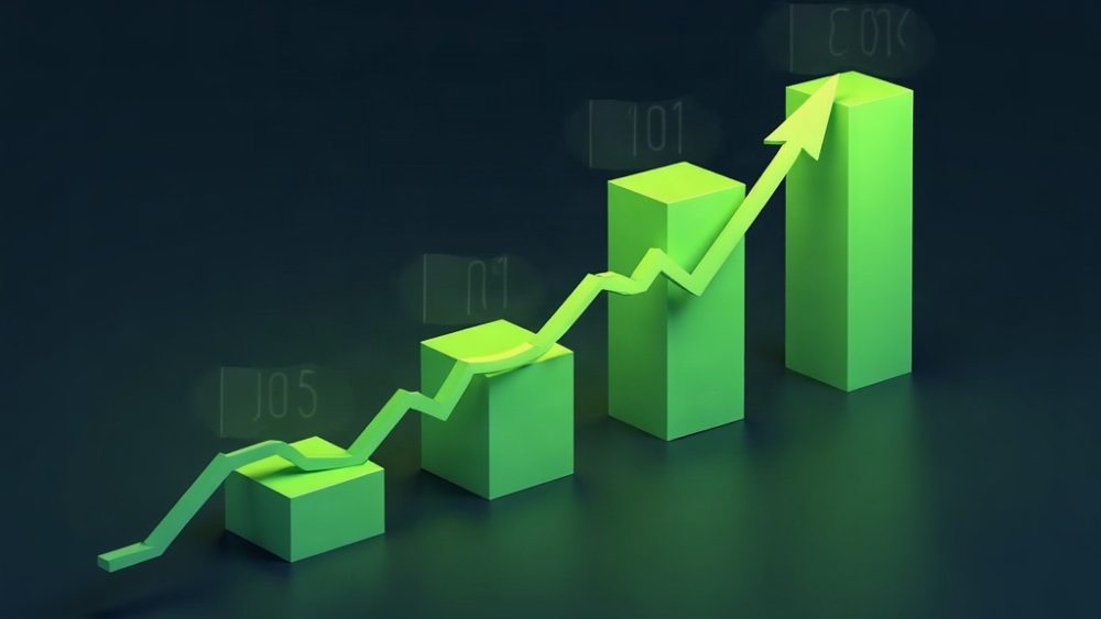 Gráfico de velas Bitcoin con tres semanas verdes y flecha ascendente