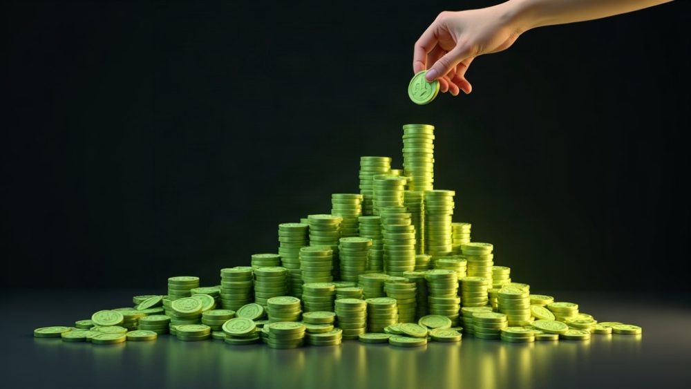 Pila de monedas ETH con mano institucional alcanzándola