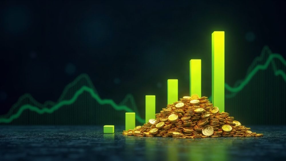 Pila de monedas ETH junto a gráfico ascendente, simbolizando acumulación institucional