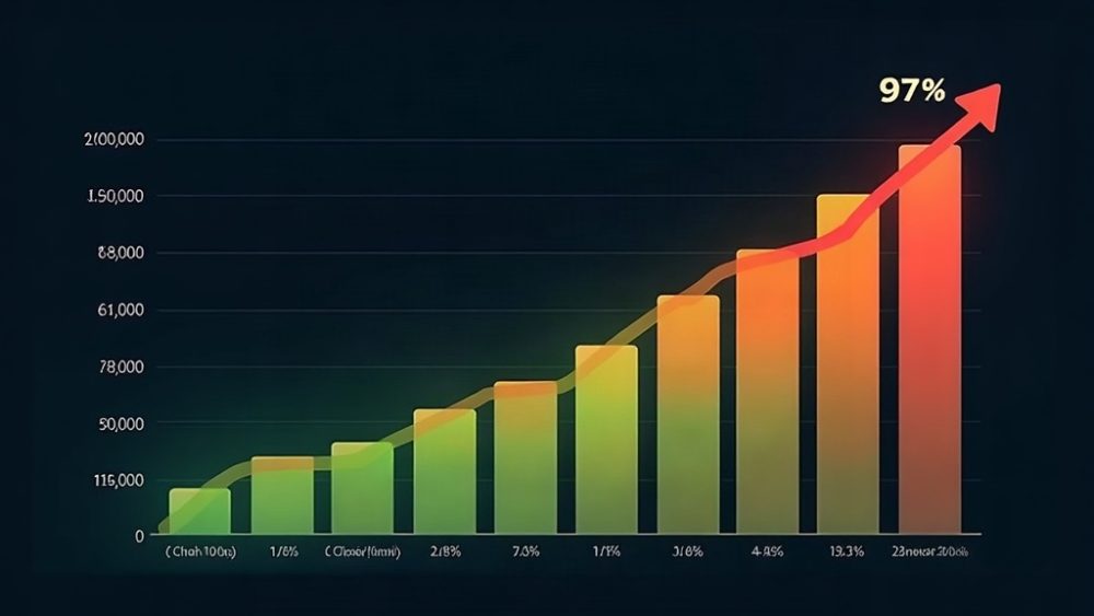 Barra de progreso al 97% con monedas ETH y flecha descendente indicando pérdidas