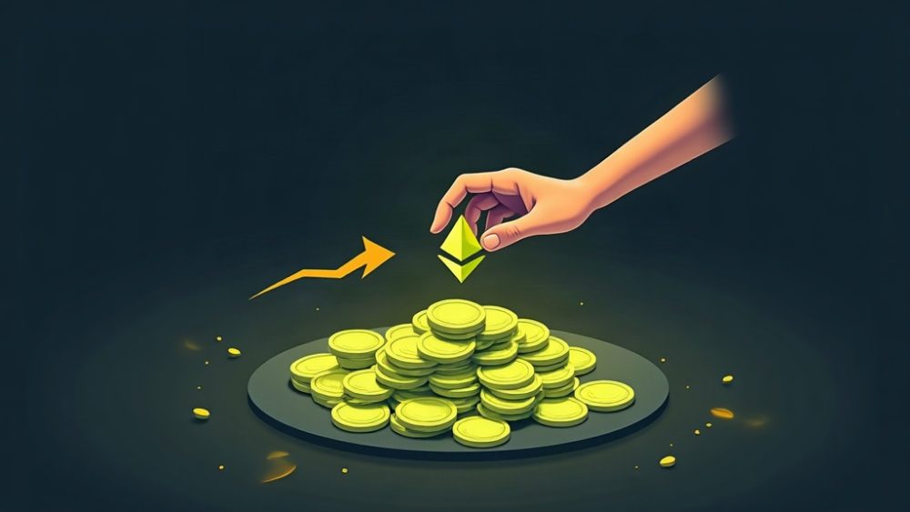 Monedas Ethereum siendo acumuladas con flecha ascendente indicando tendencia alcista esperada