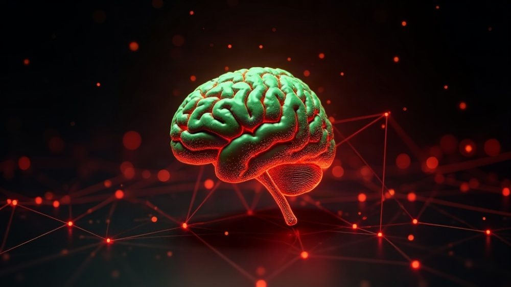 Cerebro digital con nodos y flecha ascendente sobre gráfico de volumen