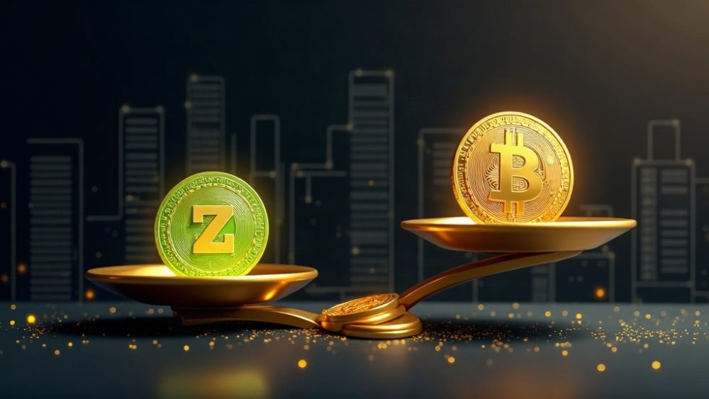 Balanza con Bitcoin y Zcash representando recomendación de inversión institucional