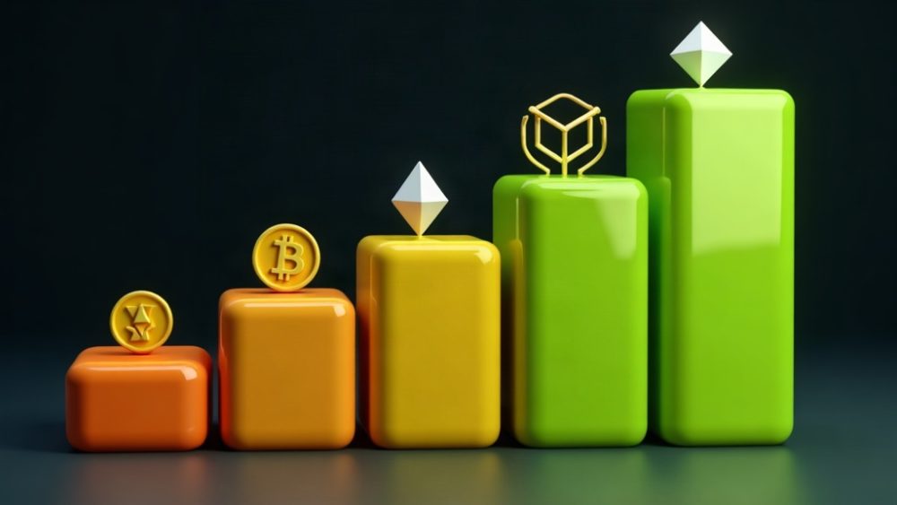 Gráfico de barras ascendentes con iconos de BTC, ETH, SOL y XRP mostrando flujos institucionales