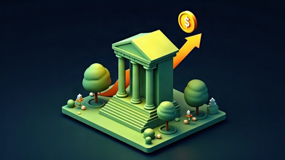 Edificio de bolsa con cadenas blockchain y flecha ascendente hacia token de dólar