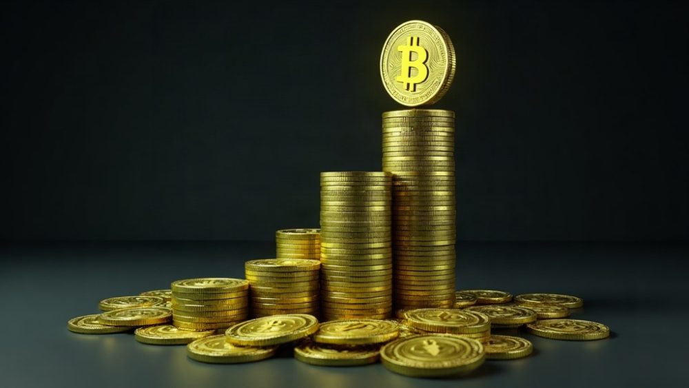 Torre de monedas Bitcoin representando acumulación institucional