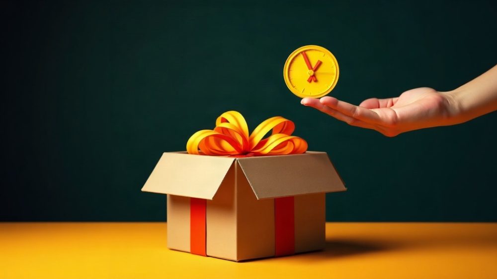 Caja de regalo abierta con tokens cayendo hacia una mano y reloj marcando las 12:00
