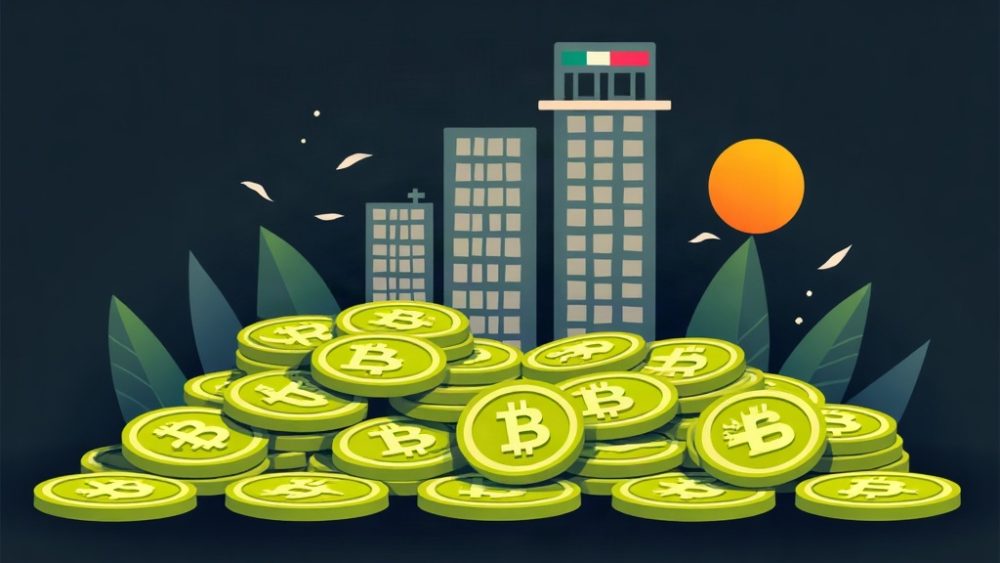 Monedas de Bitcoin apiladas frente a un edificio corporativo, representando la acumulación institucional