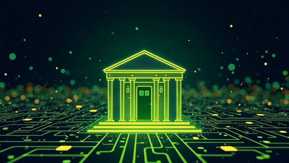 Banco conectado mediante cables a red blockchain de nodos