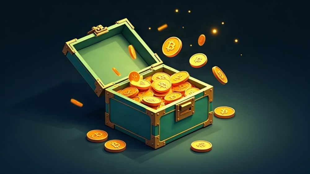 Caja fuerte derramando fichas hacia billetera cripto con símbolos BTC y ETH