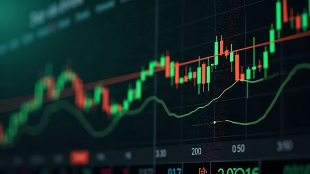 Pantalla de trading con gráficos de acciones y símbolos cripto junto a reloj de 24 horas
