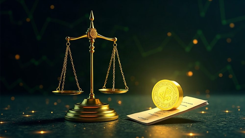 Balanza de justicia junto a token digital sobre fondo con bandera de Corea del Sur y documento oficial