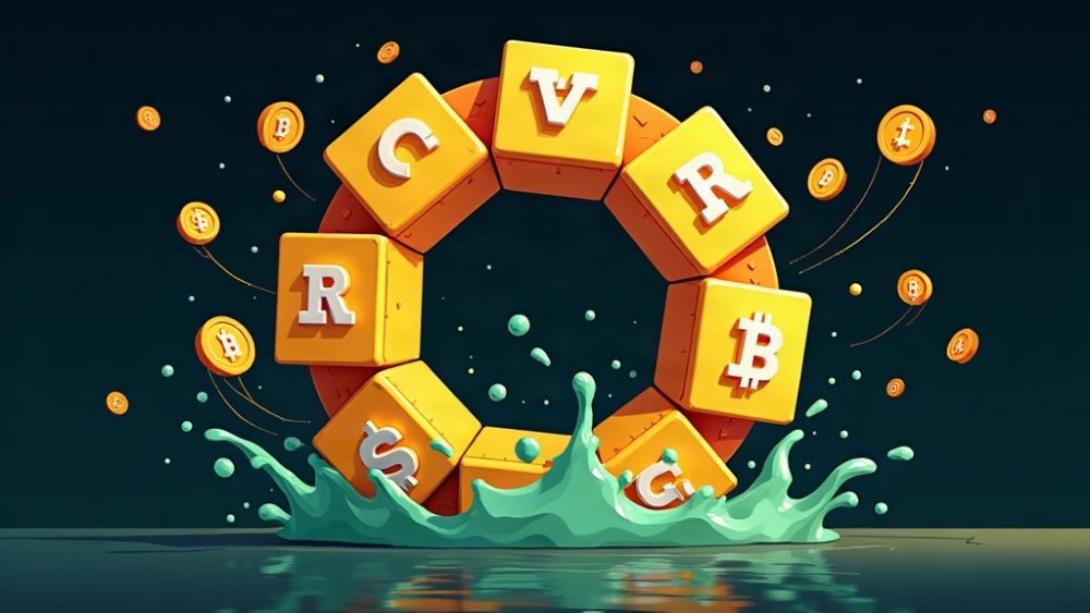 Cadena blockchain rota con tokens escapando y candado intentando cerrar la brecha